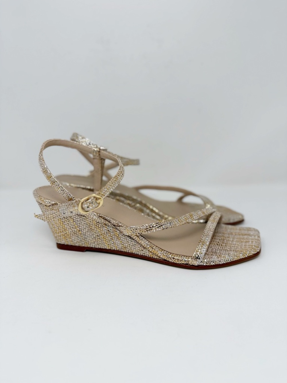 New Stuart Weitzman Oasis 50 Metallic Woven Wedge Slingback Sandal Sz 7 - Picture 3 of 14